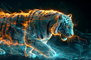  particle wireframe visualization featuring a radiant translucent background showcasing a majestic tiger