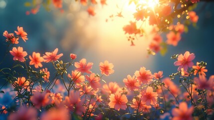 A serene field of orange blossoms basking in the warm, golden light of a setting sun, evoking a sense of calm and beauty in nature