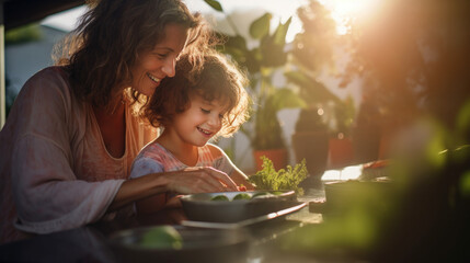 Sunset Glow as Mother and Child Enjoy Garden, mother shares a joyful moment with her young child while preparing a fresh salad - obrazy, fototapety, plakaty