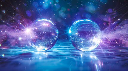 Sparkling water globes with mystic light reflections - obrazy, fototapety, plakaty