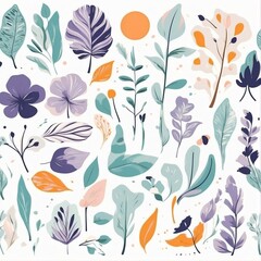 A collection of seamless pattern, colorful abstract plants and flowers. Hand drawn Collection of leaves and flowers. A close up of a pattern of flowers and leaves.
