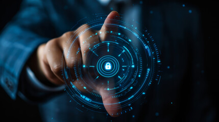 A man is pointing to a blue circle with a padlock on it. Concept of security and protection. Digital concept.
