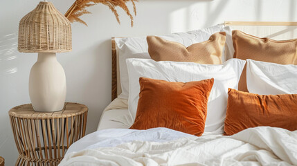 Brown and orange pillows on white bed