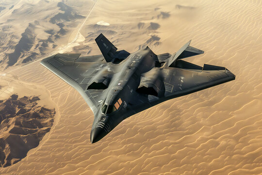 A black stealth bomber flying over a desert landscape. The bomber is flying at a low altitude and is seen from above