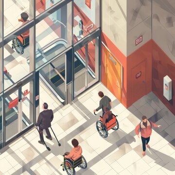 This artwork reflects a dynamic perspective of a wheelchair user independently navigating a contemporary shopping mall.