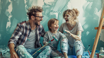 A cheerful family is splattered with paint during a fun home painting session.