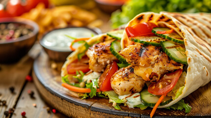 Grilled Chicken Wrap with Fresh Vegetables. A delicious grilled chicken wrap with fresh vegetables and sauce, served on a wooden plate alongside crispy fries.