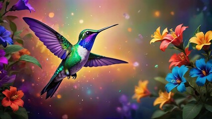 Cosmic Dance: Hummingbird Amidst Starlit Garden