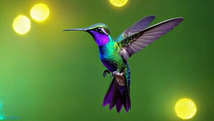 Iridescent Hummingbird in Flight Against a Luminous Green Backdrop