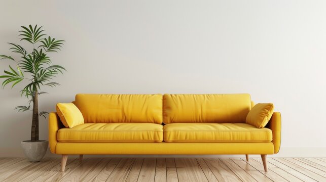 Living room interior design with yellow sofa against white wall background. AI generated image