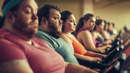 An overweight group of people all on treadmills at the gym looking unhappy