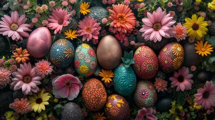 A vibrant Easter background featuring an array of colorful Easter eggs nestled among blooming spring flowers, creating a festive and joyful atmosphere symbolic of renewal and celebration. - obrazy, fototapety, plakaty