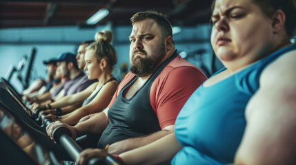 An overweight group of people all on treadmills at the gym looking unhappy - obrazy, fototapety, plakaty