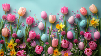 A vibrant Easter background featuring an array of colorful Easter eggs nestled among blooming spring flowers, creating a festive and joyful atmosphere symbolic of renewal and celebration.