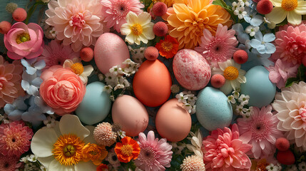 Fototapeta na wymiar A vibrant Easter background featuring an array of colorful Easter eggs nestled among blooming spring flowers, creating a festive and joyful atmosphere symbolic of renewal and celebration.
