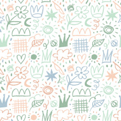 Pastel colored childish seamless pattern with girly crayon elements. Hand drawn crown, stars, moon and squiggles.