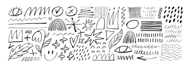 Charcoal pencil scribble vector set, crayon doodles. Childish drawing, scribble and freehand shapes.