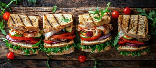 Fototapeta premium A variety of delicious sandwiches arranged neatly on a wooden table, ready to be enjoyed.
