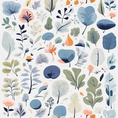 A collection of seamless pattern, colorful abstract plants and flowers. Hand drawn Collection of leaves and flowers. A close up of a pattern of flowers and leaves.
