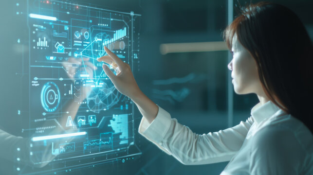 A woman is looking at a computer screen with a lot of lines and numbers. She is wearing glasses and has a ponytail.
