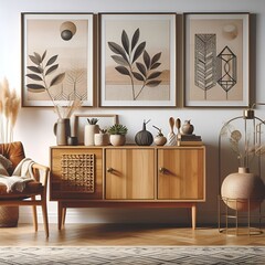 Wooden cabinet and accessories decor in living room interior on empty white wall background. Wooden shelves.