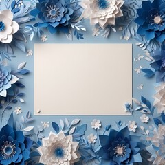  Background of paper flowers with empty space for text or greeting card design. Blue tones.