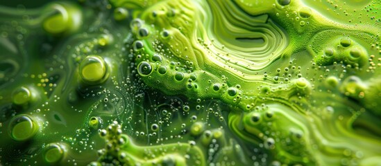 Close up view of a vivid green liquid, showcasing its unique texture and color intensity.
