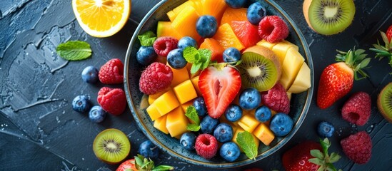 A bowl filled with ripe kiwis, red raspberries, and juicy oranges. - obrazy, fototapety, plakaty