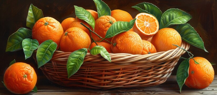 A painting depicting fresh, ripe oranges in a wicker basket resting on a wooden table.