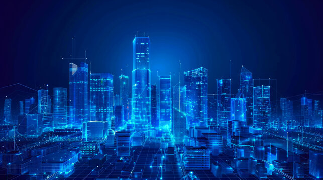 A cityscape is shown in blue with a lot of lights. The city is lit up and he is futuristic
