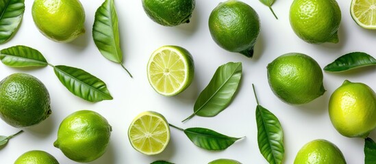 A group of vibrant green limes surrounded by lime leaves on a clean white surface.