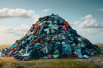 Pile of clothes in landfill symbolizing fast fashion waste unsustainable practices and need for ecofriendly alternatives. Concept Fast Fashion, Clothing Waste, Sustainability