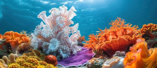 A vibrant coral reef ecosystem teeming with various species of corals and sponge corals in a bustling underwater scene. - obrazy, fototapety, plakaty