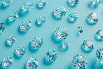 Beautiful luxury diamonds scattered on a blue background