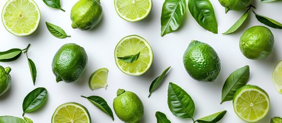 A cluster of fresh green limes and vibrant lime leaves scattered on a clean white surface.