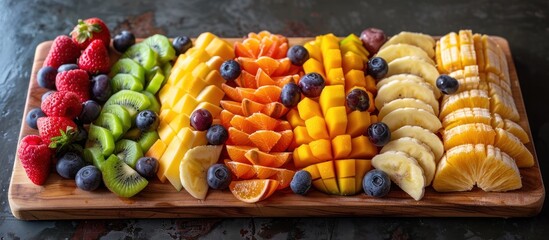 A wooden cutting board topped with a colorful assortment of freshly sliced fruit including strawberries, oranges, kiwis, and bananas.