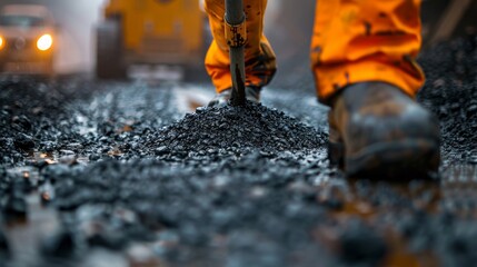Construction worker in action pouring asphalt with vibrant machinery in background