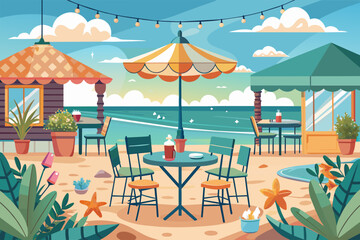 The table is on the sand at a beach cafe 