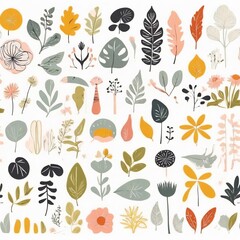A collection of seamless pattern, colorful abstract plants and flowers. Hand drawn Collection of leaves and flowers. A close up of a pattern of flowers and leaves.
