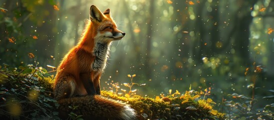 A red fox rests atop a vibrant green forest, observing its surroundings with alert eyes. - Powered by Adobe
