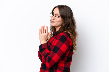 Young caucasian woman isolated on white background scheming something