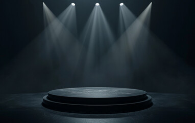 A black background with three spotlights shining. Three spotlights illuminating empty stage...