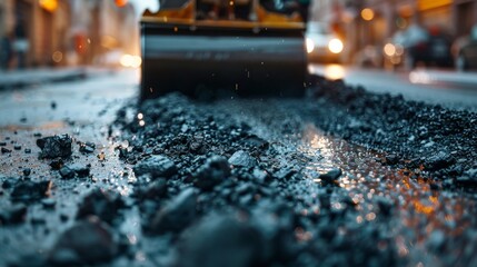 Asphalt roller in action on city street in evening with dynamic lighting