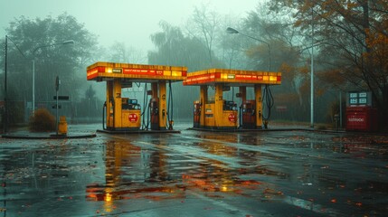 A foggy morning scene at a deserted gas station, with lights reflecting on wet ground, evoking a quiet, mysterious atmosphere.
