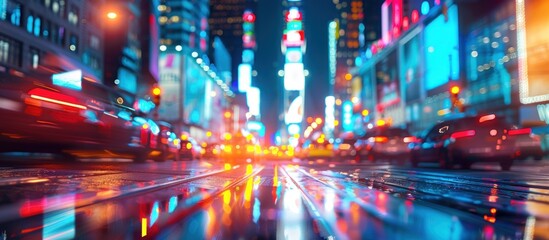 A city street is filled with cars and buses, illuminated by bright street lights, creating a bustling scene of traffic and movement at night. - obrazy, fototapety, plakaty