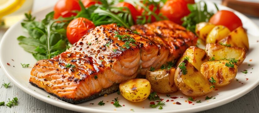 A white plate showcasing a delicious meal with grilled salmon and potatoes, perfectly cooked and ready to be enjoyed.