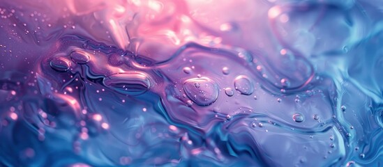 A detailed view of swirling blue and pink liquid blending together in a captivating pattern.