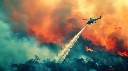 A helicopter dropping water over a wildfire