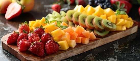 A wooden cutting board topped with a colorful assortment of freshly sliced fruit like apples, oranges, strawberries, and kiwi.