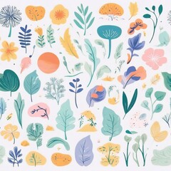 A collection of seamless pattern, colorful abstract plants and flowers. Hand drawn Collection of leaves and flowers. A close up of a pattern of flowers and leaves.
